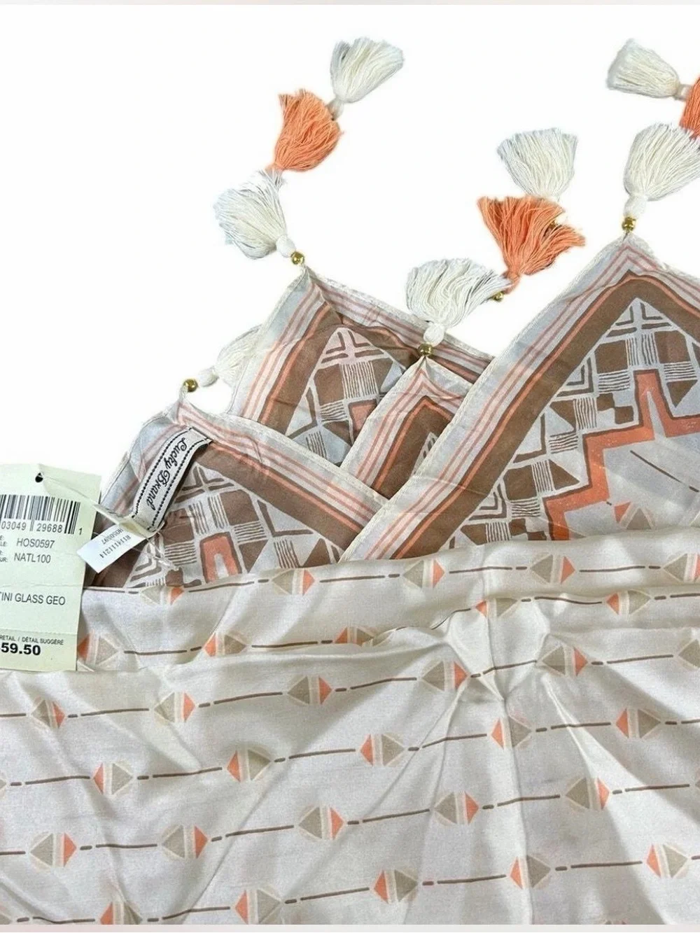 Lucky Brand Beige and Coral Geometric Tassel Scarf